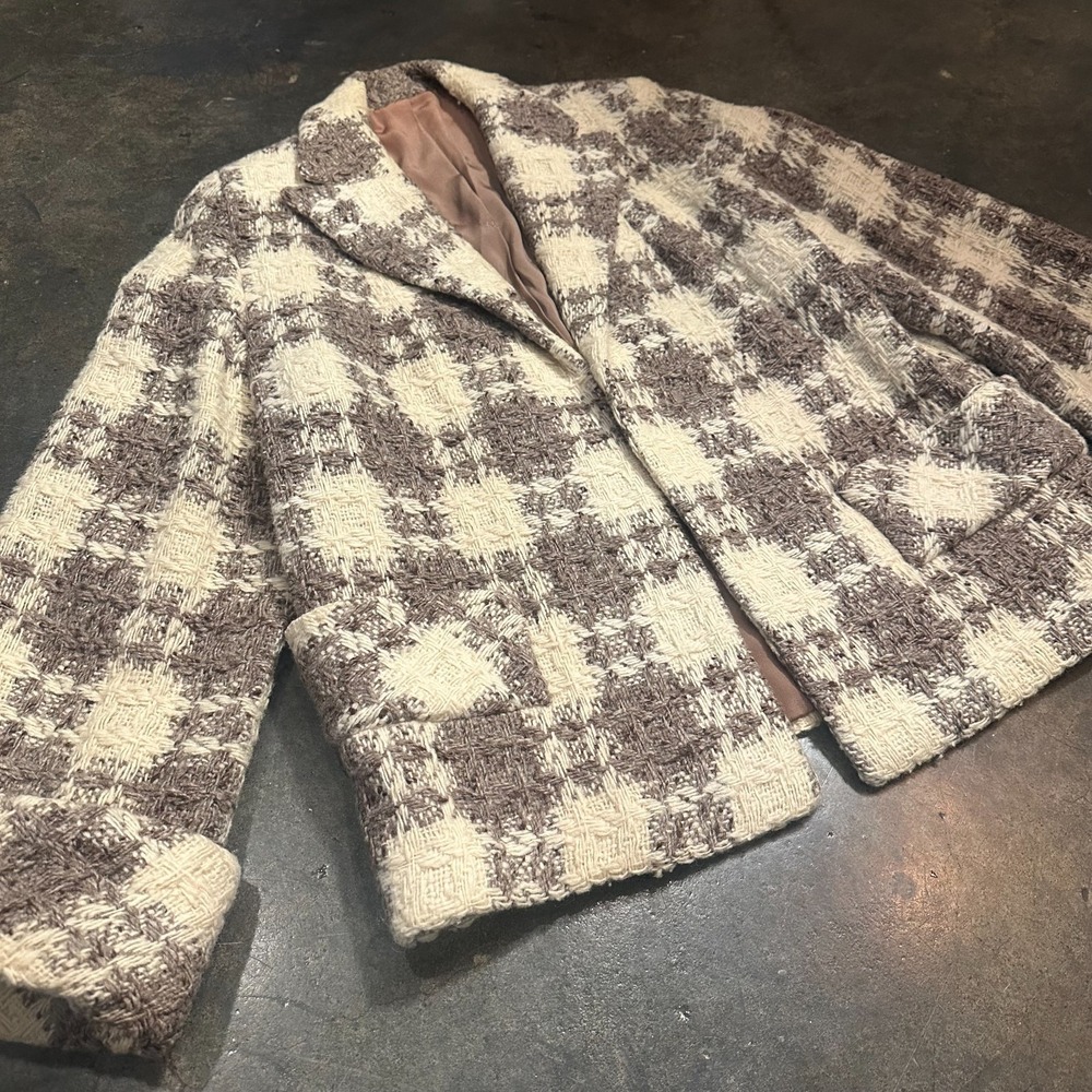 Vintage 1930s 40s Plaid Wool Tweed Coat Jacket Women's M Brown Cream Union Label